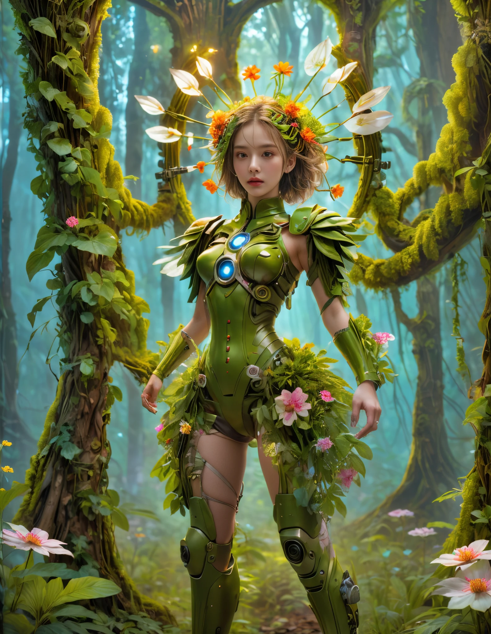 middle，(a girl made of fresh plants，Holding a futuristic sci-fi mechanical sniper gun aiming at the target，body covered with flowering plants，flower limbs，plant high heels，Plant hair，Plant clothes），blossoms，age-old tree，ln the forest，（globalillumination、Ray traching、HDR、Unrealistic rendering、Rational design、tmasterpiece、best qualtiy、hyper HD、cinmatic lighting，anatomy correct，Beautiful girl facial features，Anatomically correct and precise facial structure, detailed facial depiction, and delicate facial features）