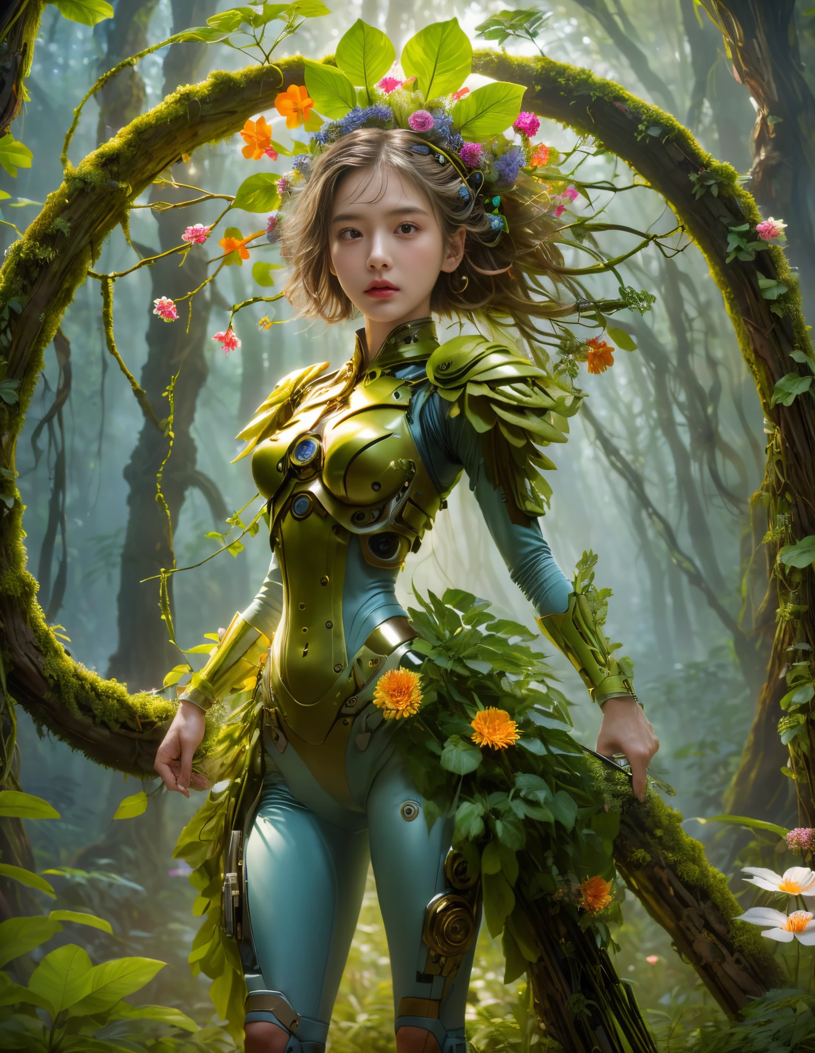 middle，(a girl made of fresh plants，Holding a futuristic sci-fi mechanical sniper gun aiming at the target，body covered with flowering plants，flower limbs，plant high heels，Plant hair，Plant clothes），blossoms，age-old tree，ln the forest，（globalillumination、Ray traching、HDR、Unrealistic rendering、Rational design、tmasterpiece、best qualtiy、hyper HD、cinmatic lighting，anatomy correct，Beautiful girl facial features，Anatomically correct and precise facial structure, detailed facial depiction, and delicate facial features）