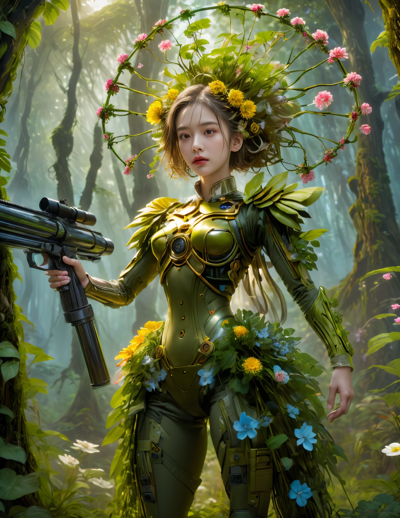 milieu，(Une fille faite de plantes fraîches，Tenir un fusil de sniper mécanique futuriste de science-fiction visant la cible，corps recouvert de plantes à fleurs，branches de fleurs，planter des talons hauts，Cheveux végétaux，Vêtements végétaux），fleurs，arbre séculaire，Dans la forêt，（Illumination globale、Traçage de rayons、HDR、Rendu irréaliste、Conception rationnelle、chef-d&#39;œuvre、meilleure qualité、hyper HD、éclairage cinématique，anatomie correcte，Caractéristiques du visage de belle fille，Structure du visage anatomiquement correcte et précise, Représentation faciale détaillée, et les traits délicats du visage）