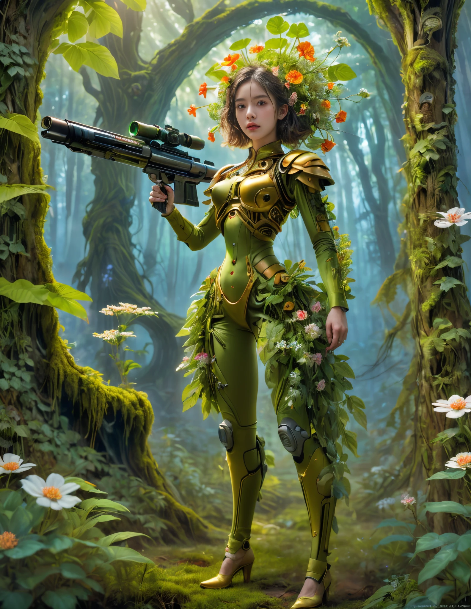 middle，(A girl made of fresh plants，Aim at the target with a futuristic sci-fi mechanical sniper rifle，body covered with flowering plants，flower limbs，plant high heels，plant hair，Plant clothes），blossom flower，old trees，at a forest，（globalillumination、ray traycing、HighDynamicRange、Unrealistic rendering、Rational design、tmasterpiece、Best quality、hyper HD、Movie Lighting，Anatomical correct，Beautiful girl facial features，Anatomically correct and precise facial structure, detailed face portrayal, and exquisite facial features）