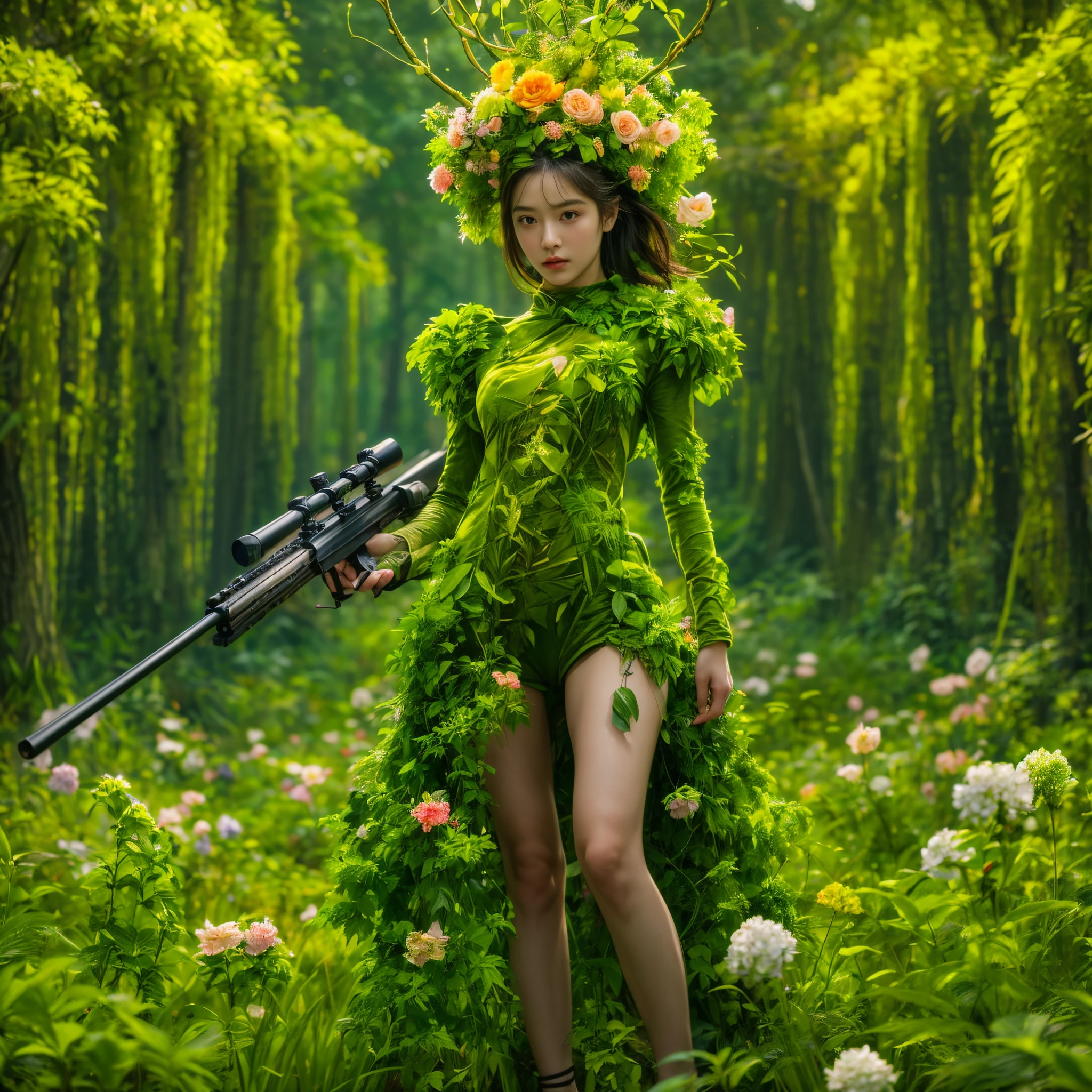 middle，(a girl made of fresh plants，Holding a sniper rifle made of plants and aiming at the target，Sniper rifle made from green plants，Body covered with flowers and plants，plant high heels，Plant hair，Plant clothes），blossoms，age-old tree，ln the forest，（globalillumination、Ray traching、HDR、Unrealistic rendering、Rational design、tmasterpiece、best qualtiy、hyper HD、cinmatic lighting，anatomy correct，Beautiful girl facial features，Anatomically correct and precise facial structure, detailed facial depiction, and delicate facial features）