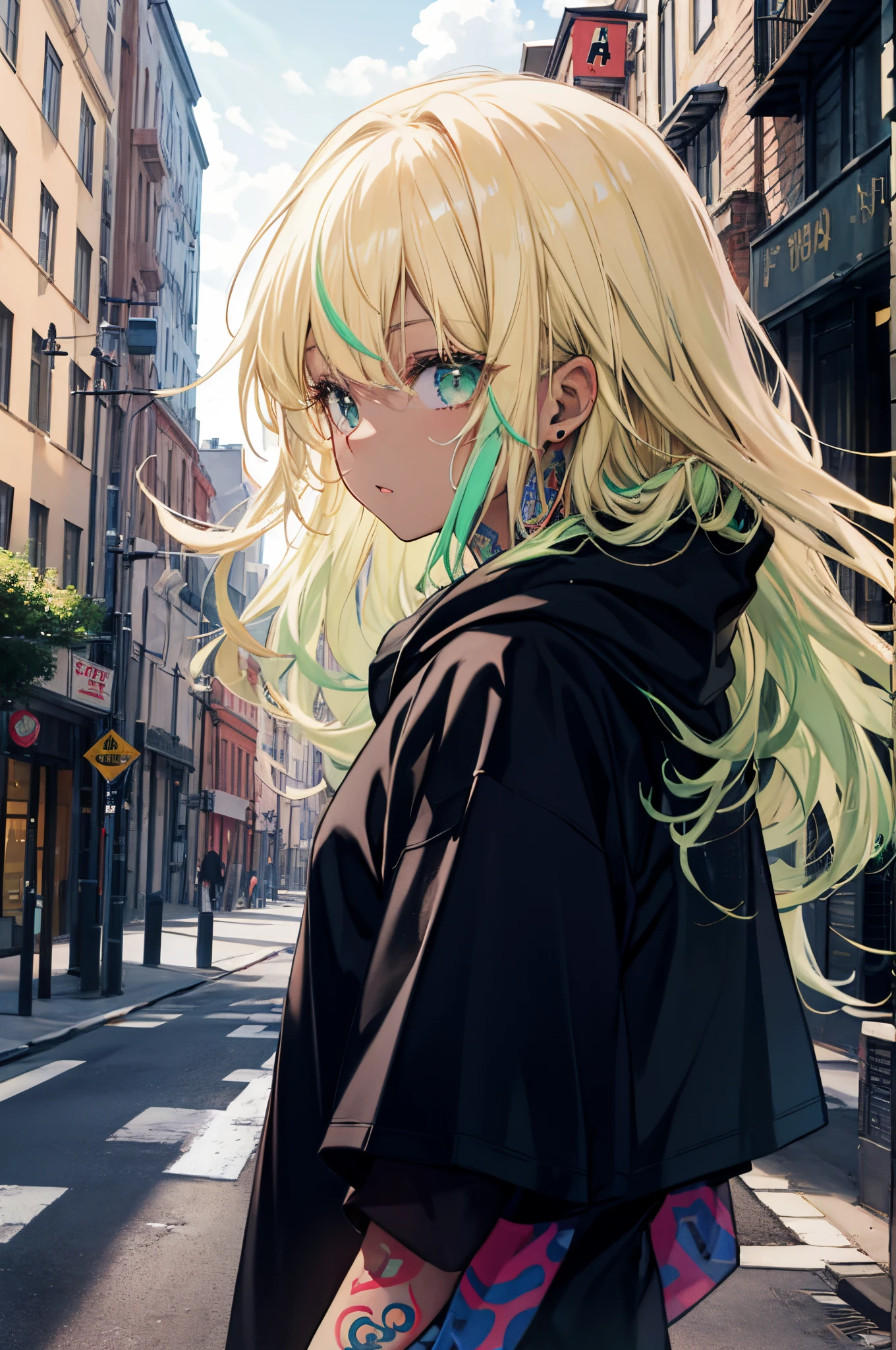 hight resolution, top-quality,  ultra-quality, The ultra-detailliert, lighting like a movie、Beautiful expression ,Brown skin、Black skin、Black skin、a blond、blonde hair long hair、green inner hair,Lots of hair 、Facing the front、Long T-shirt、Hooded hoodie、The tattoo、in a real town、Realistic cityscape