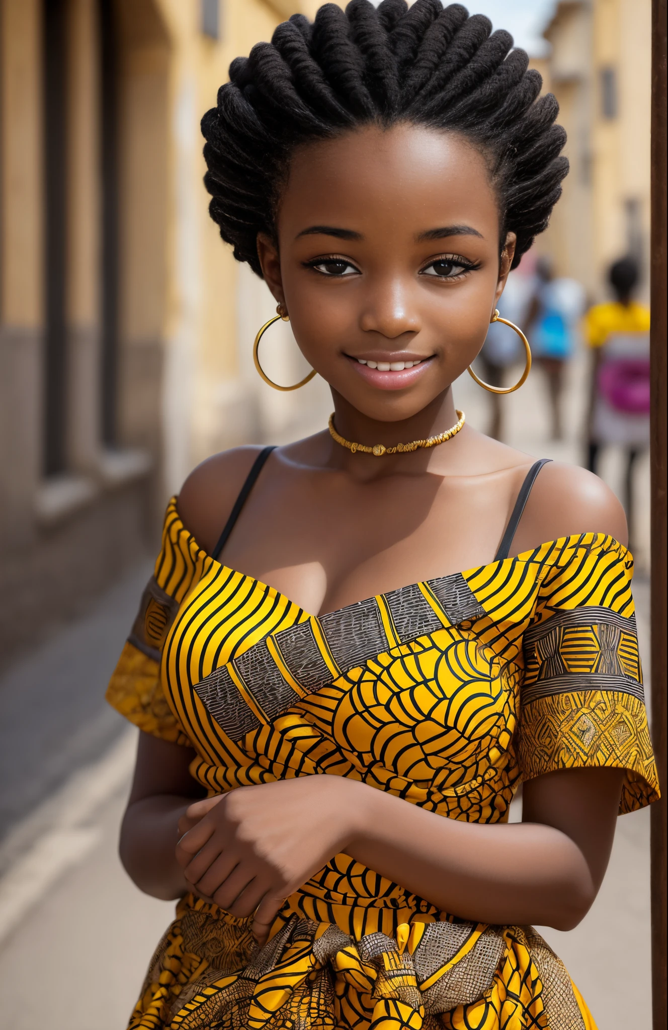 A woman with a yellow dress and gold hoop earrings - SeaArt AI