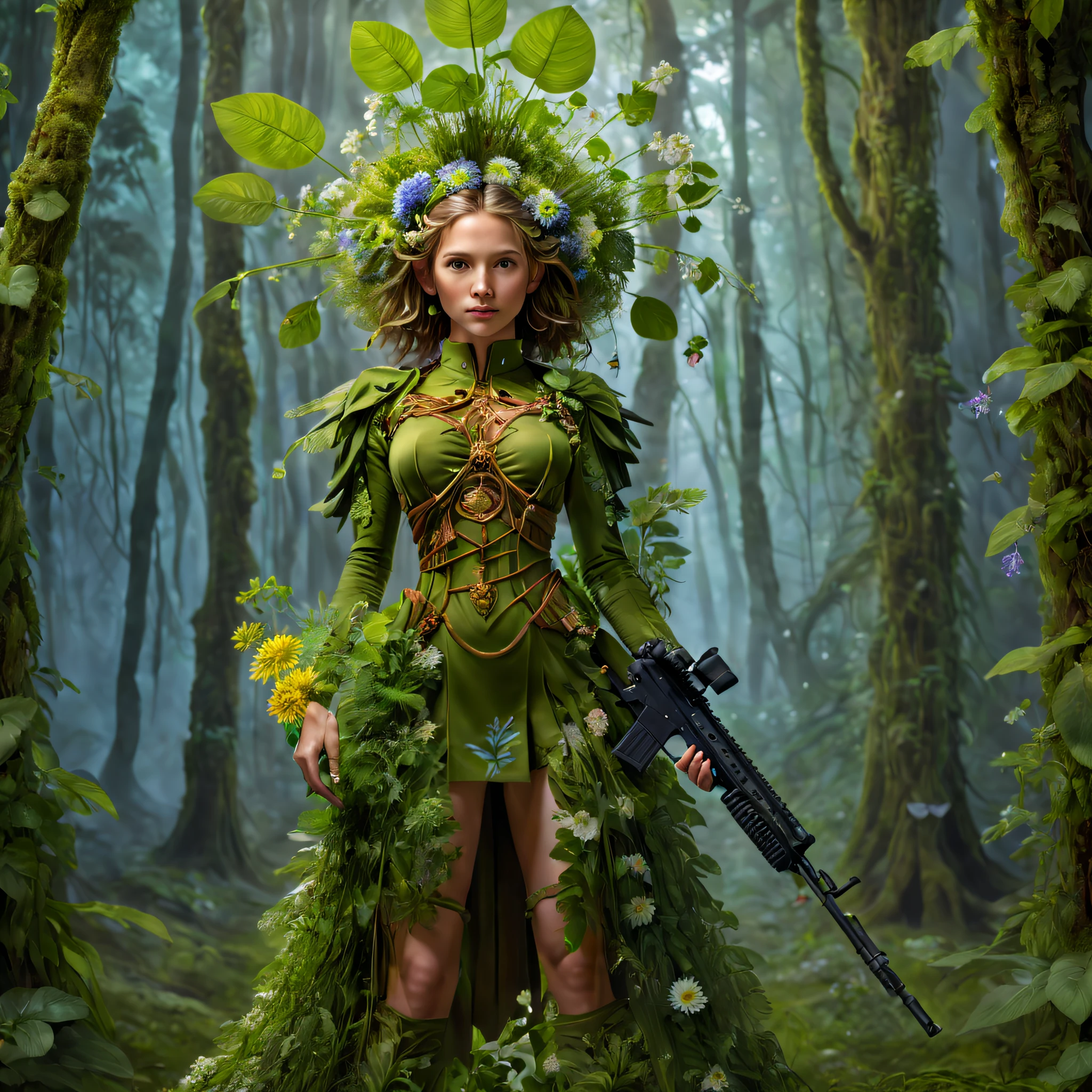 middle，(A girl made of fresh plants，Holding a sniper rifle made of plants and aiming at the target，Sniper rifle made of green plants，Covered with flowers and plants，plant high heels，plant hair，Plant clothes），blossom flower，old trees，at a forest，（globalillumination、ray traycing、HighDynamicRange、Unrealistic rendering、Rational design、tmasterpiece、Best quality、hyper HD、Movie Lighting，Anatomical correct，Beautiful girl facial features，Anatomically correct and precise facial structure, detailed face portrayal, and exquisite facial features）