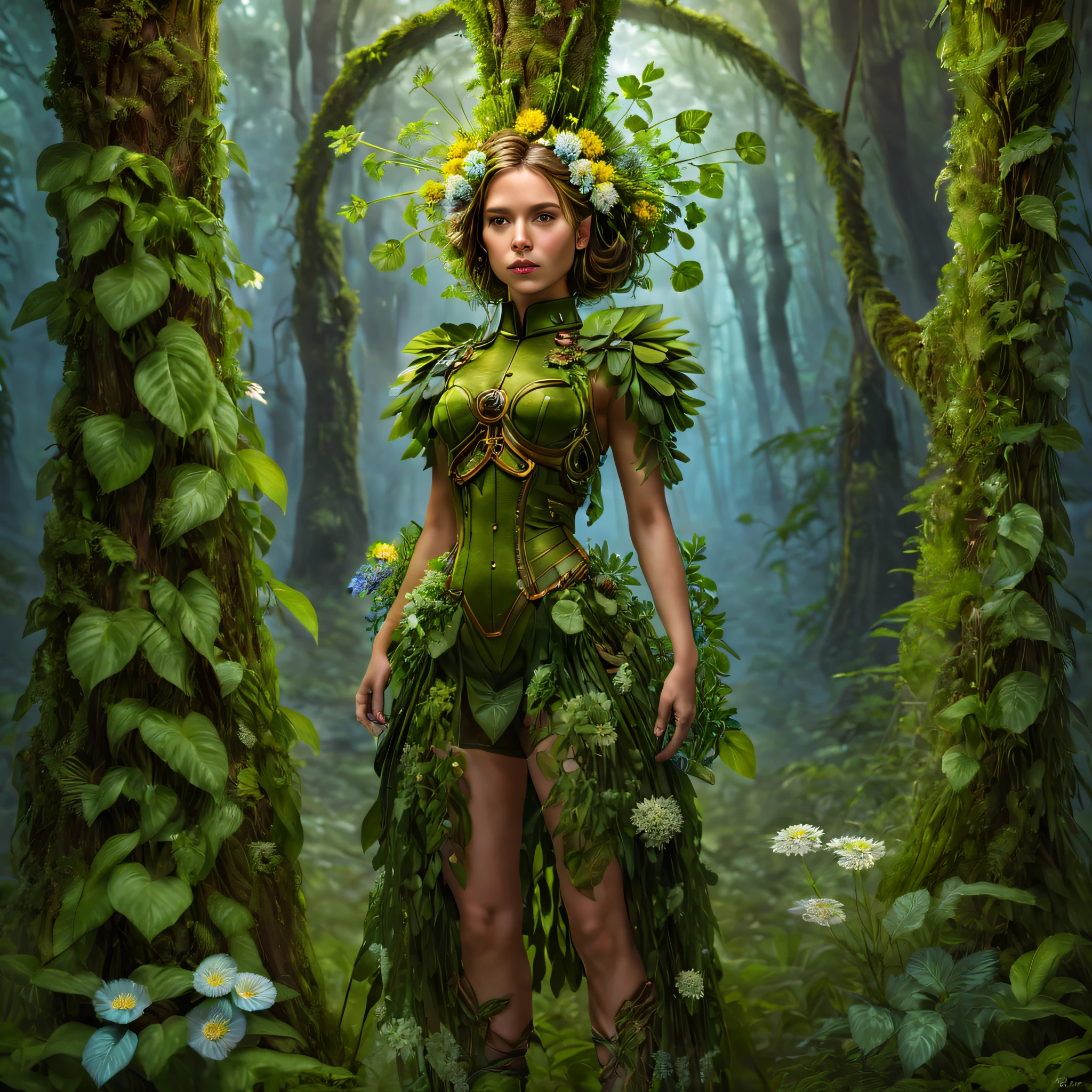 middle，(A girl made of fresh plants，Holding a sniper rifle made of plants and aiming at the target，Sniper rifle made of green plants，Covered with flowers and plants，plant high heels，plant hair，Plant clothes），blossom flower，old trees，at a forest，（globalillumination、ray traycing、HighDynamicRange、Unrealistic rendering、Rational design、tmasterpiece、Best quality、hyper HD、Movie Lighting，Anatomical correct，Beautiful girl facial features，Anatomically correct and precise facial structure, detailed face portrayal, and exquisite facial features）