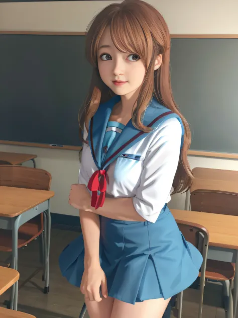 RAW image quality、8K分辨率、Ultra-high-definition CG images、​masterpiece、top-quality、Hi-Res、Mikuru 1、1girl in、Mikuru Asahina、long、North College Uniform、独奏、Blue sailor color、Sailor collar、serafuku、a blue skirt、skirt by the、shortsleeves、Red ribbons、Colossal tits...