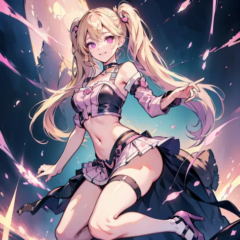 blonde twintails, pink eyes, whole body, shining eyes, smile, choker, exposed belly button, heels