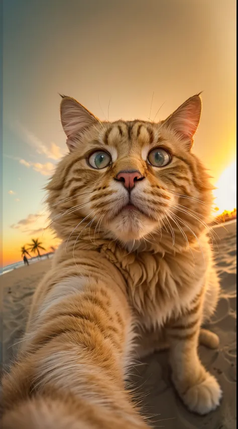 a big fluffy yellow cat taking selfie in a beach, sunset, fisheye lens, establishing shot, pastel color grading, depth of field cinematography effect, film noir genre, 8k resolution, high quality, ultra detail