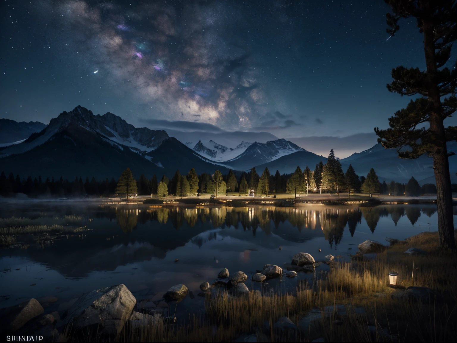 ângulo amplo, paisagem, 4k ultra-detalhado, melhor qualidade, tomada cinematográfica, obra de arte:1.3, foco nitído:1.5, fotorrealista:1.3, outro mundo, atmosfera mística, Baixa exposição, noite estrelada, vista serena, natureza de tirar o fôlego, montanhas distantes, céu iluminado pela lua, ambiente tranquilo, Brisa fresca, beleza etérea, (ambiente noturno tranquilo), colina de grama ventosa