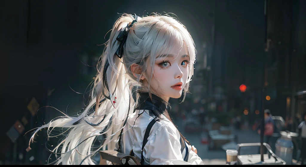 1 girl,The beautiful, tmasterpiece, Best quality, white backgrounid,Kazuya Takahashi, concept-art, white color hair,the detail