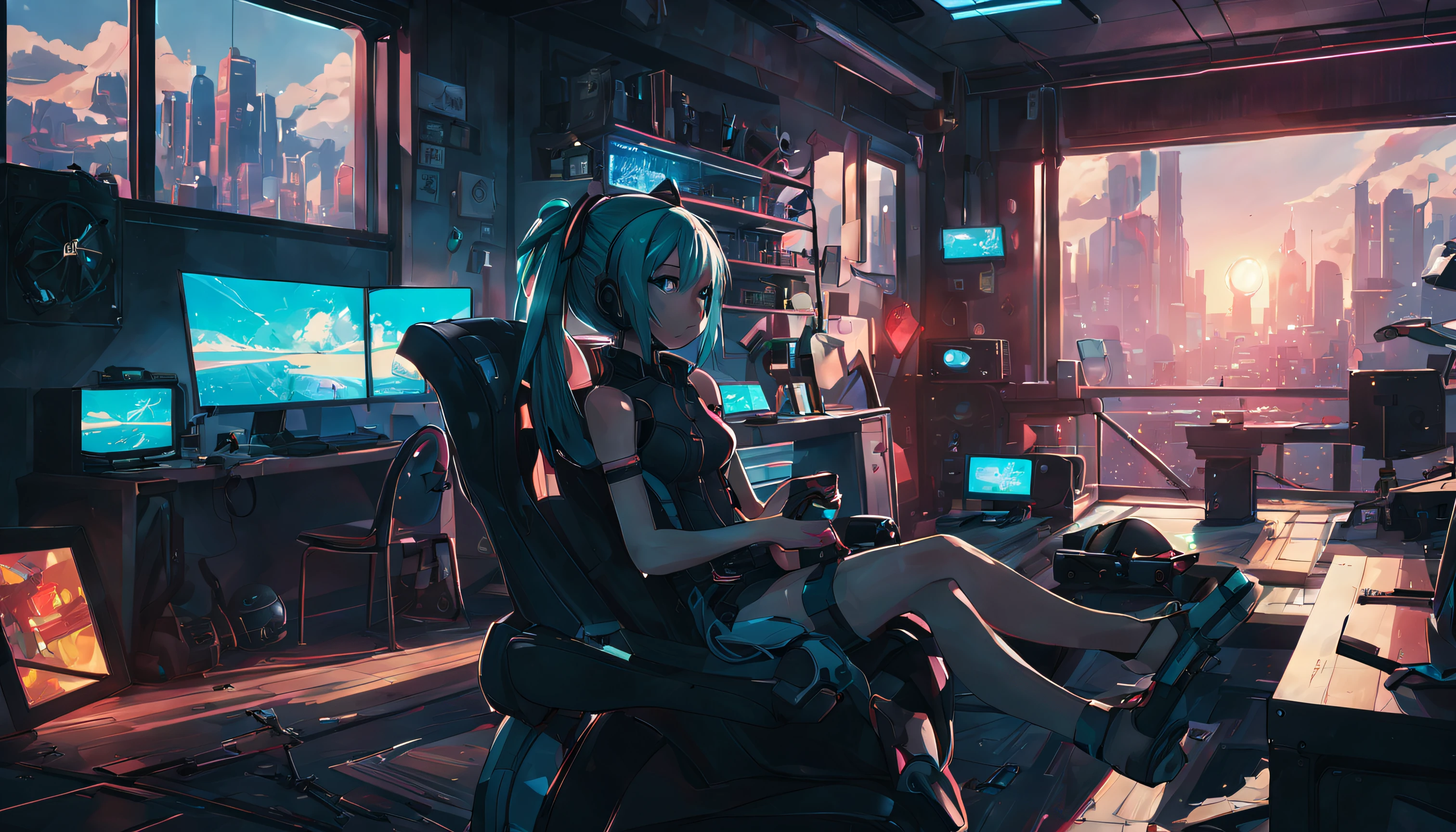 (Best Quality, 4K, hight resolution, masutepiece:1.2), Ultra-detailed, Realistic:1.37, Cyberpunk style cluttered room, more neon, Many machines with unknown uses, Large windows with an open feel, Sunny outside, Sitting on a chair, Hatsune Miku