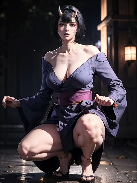 Masterpiece , highlydetailed, Hyperrealistic, fullbodyshot of Haryuu , short black hair, red glowing expressive eyes, oni horns, kimono off shoulder showing clivageand large boobs, squatting down and looking upward, perfect hands, good hands, perfect face ...