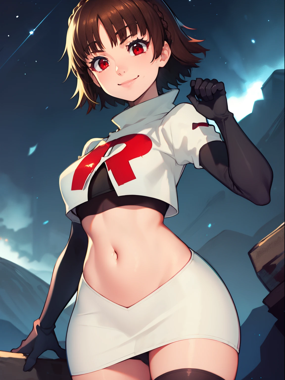 makoto nijima, frange émoussée, tresser, cheveux bruns, crown tresser, (les yeux rouges:1.3), Cheveux courts, uniforme de fusée d&#39;équipe, lettre rouge R, jupe blanche,haut court blanc,cuissardes noires, gants de coude noirs, sourire, regarder le spectateur, tir de cow-boy, pose sexy, fond de ciel nocturne