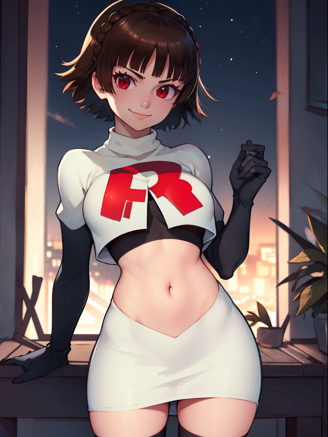 makoto nijima, blunt bangs, braid, brown hair, crown braid, (red eyes:1.3), short hair, team rocket uniform, red letter R, white skirt,white crop top,black thigh-high boots, black elbow gloves, smile, looking at viewer, cowboy shot, sexy pose, night sky background