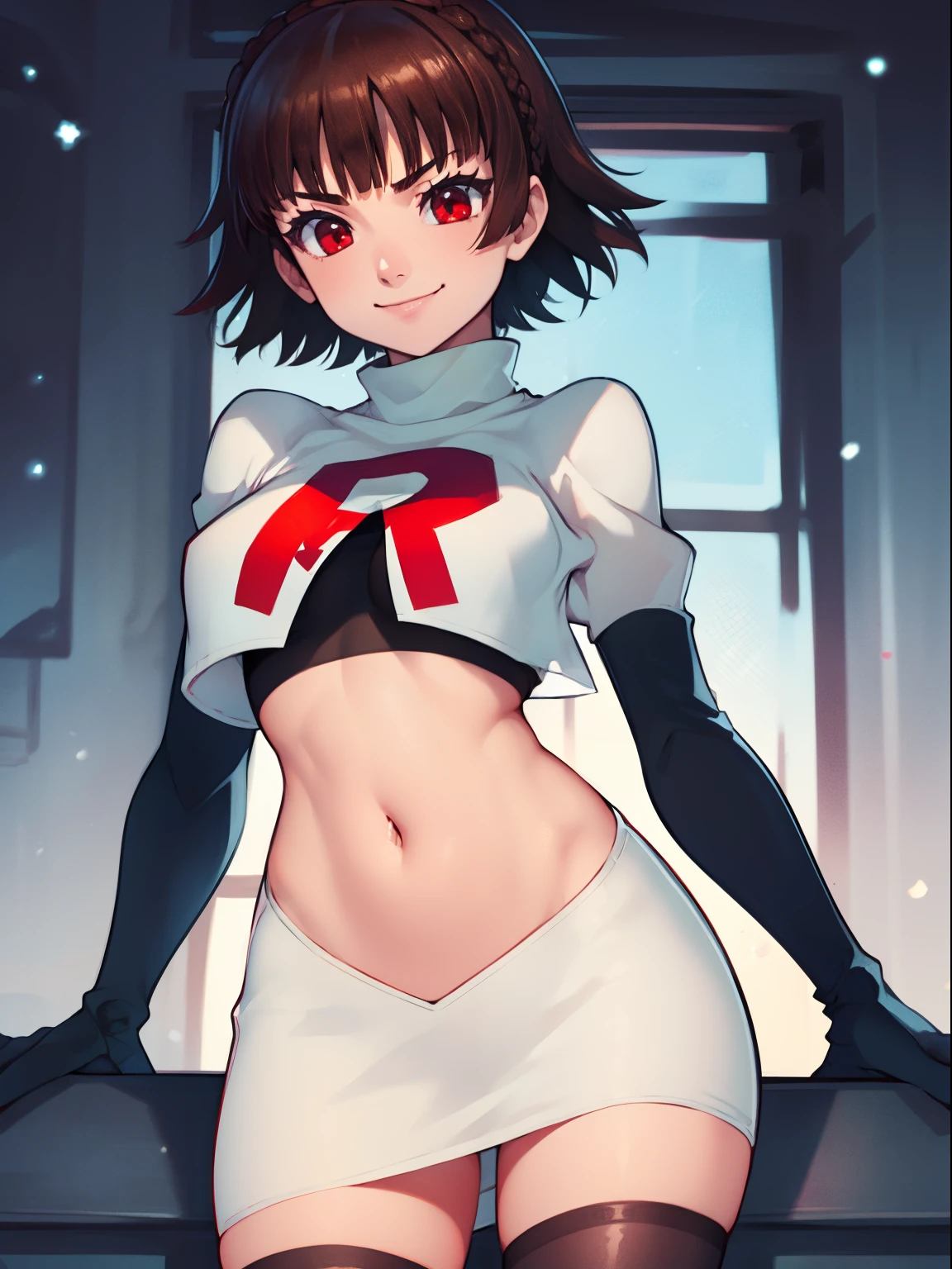 makoto nijima, flequillo contundente, trenza, Pelo castaño, crown trenza, (ojos rojos:1.3), cabello corto, uniforme del equipo cohete, letra roja R, falda blanca,Top corto blanco,botas negras hasta el muslo, guantes negros hasta el codo,sonrisa maligna, mirando al espectador, tiro de vaquero, pose sexy, fondo del cielo nocturno