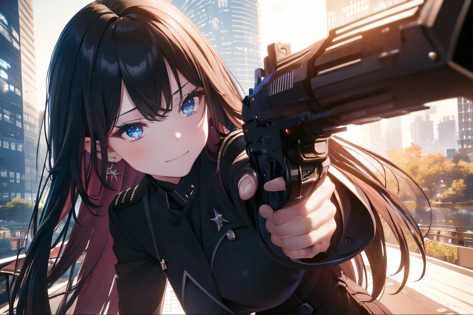 ⓪Action：gun action,gun aiming,
①Quality：(ultra-detailed:1.3), masterpiece, 8k, extremely detailed CG, (1 girl), Perfect hands:1.2), (Perfect Anatomy:1.2), (beautiful face: 1.1), Intricate Iris Details, Captivating Eye Reflections, Sparkling Highlights in the Eyes, Depth and Dimension in the Pupils, Subtle Color Variations in the Iris, Meticulous Eyelash Details,　Depth and Dimension in the Pupils, 
②Lighting：brightening light, moody lighting, nature lighting, Best Illumination, 
③ part: (big breasts: 1.4), shiny hair, floating hair, sparkling pupils, happy, detailed face, detailed eyes, detailed skin, shiny hair,  
④Style: 
⑤Subject： (long hair:1.3), (black hair, hairclip, straight hair, blue eyes, ), 
⑥Environment：night city
⑦Construction：
⑧Costume : (black military uniform: 1.3), (earrings),  Beautiful breasts, 
⑨Others：hand gun