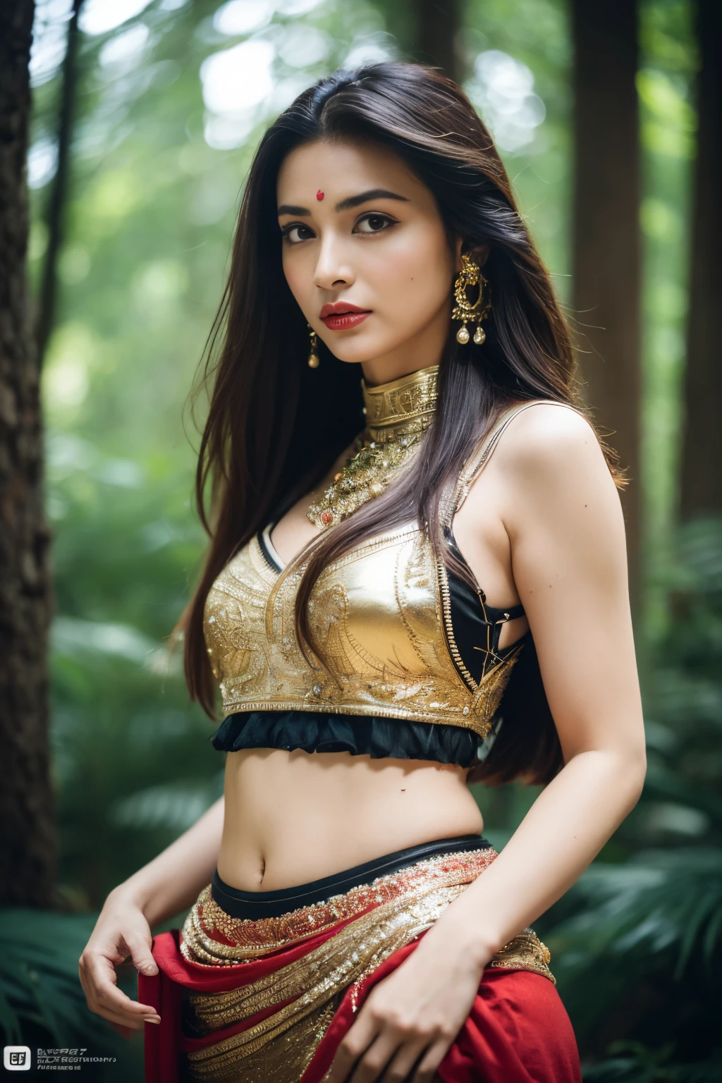 Anusha hot photoshoot in gold and red sari - SeaArt AI