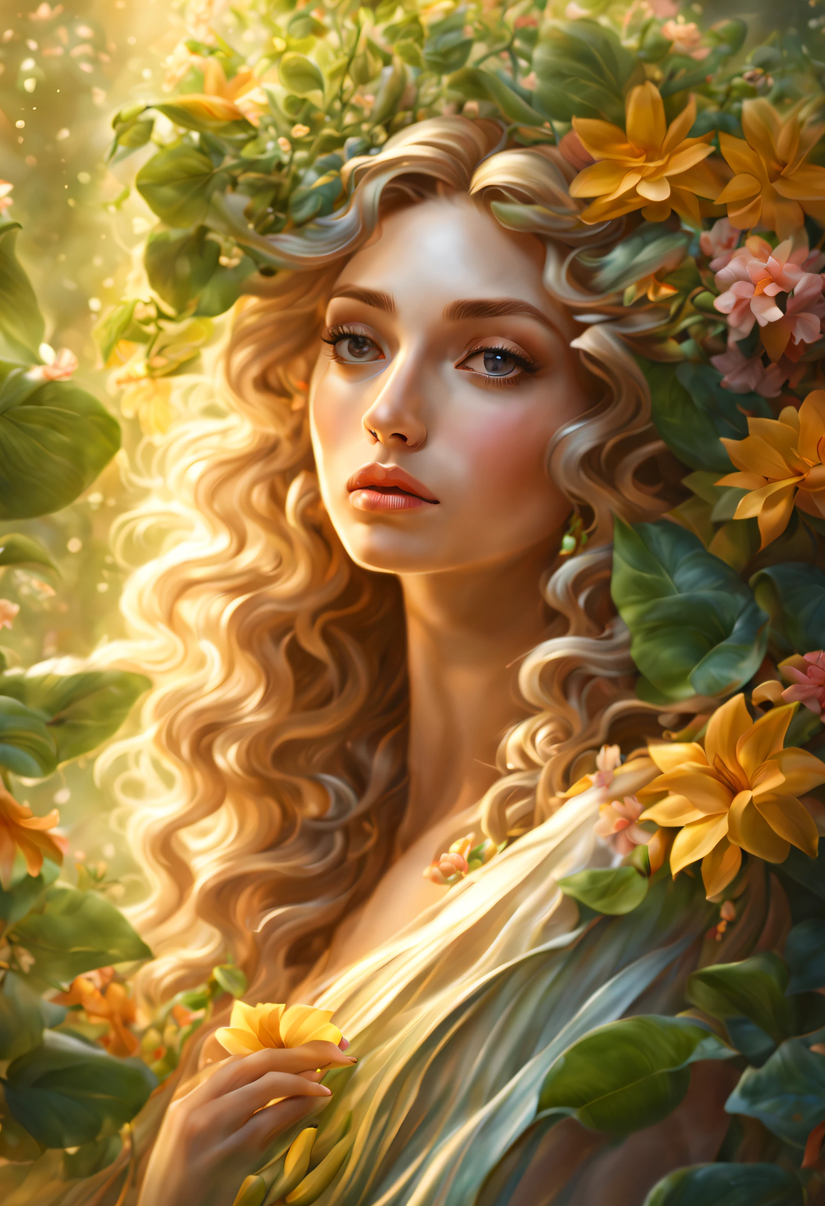 (best quality,4k,8k,highres,masterpiece:1.2),ultra-detailed,(realistic,photorealistic,photo-realistic:1.37),The goddess of plants,greenery intertwined with the elegant features of a woman,beautiful detailed eyes,beautiful detailed lips,a woman with an ethereal glow,graceful and serene expression,flowing hair adorned with delicate flowers,lush garden with a variety of vibrant plant life,golden rays of sunlight filtering through the leaves,enveloping the scene in a warm and magical light,fine brush strokes capturing every intricate detail,subtle textures emphasizing the delicate petals and leaves,deep and vivid colors,translucent and dewy petals,leaves dancing with a gentle breeze,an aura of tranquility and life,harmony between nature and the divine,a mesmerizing and otherworldly portrait,portraits,botanical,art nouveau,colorful palette,soft and dreamy lighting