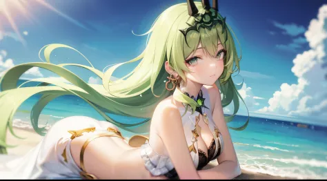 solo, 1girl, highres, green eyes, green hair, small breasts, looking at viewer, jewelry, crown, earring, lace, sundress, shawl, outdoor, beachside
