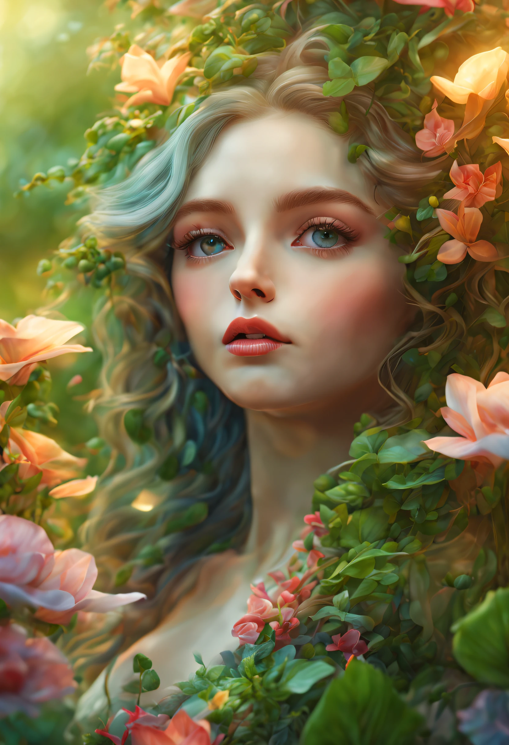 (girl-plant hybrid:1.42), beautiful detailed eyes, detailed lips, flowing green vines, blooming flowers, lush garden landscape, ethereal beauty, delicate features, vibrant colors, mystical atmosphere, magical transformation, charm of nature, portrait dreamy scenery, soft natural light, surreal composition, harmonious fusion, organic textures, botanical elements, elegant pose, serene expression, radiant energy, otherworldly charm, evokes a sense of wonder, imaginative creation, whimsical interpretation, vibrant foliage, patterns Fascinating botanicals, delicate petals, enchanted forest, ethereal glow, transcendent beauty, ethereal vision, surreal harmony, captivating botanical creature. (best quality, 4k, 8k, high resolution, masterpiece: 1.2), ultra detailed, (realistic, photorealistic, photorealistic: 1.37), vivid colors, bokeh