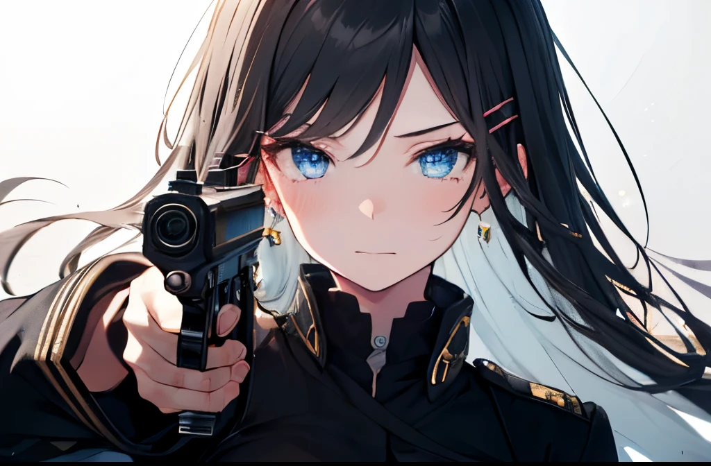 ⓪Action：gun action,gun aiming,
①Quality：(ultra-detailed:1.3), masterpiece, 8k, extremely detailed CG, (1 girl), Perfect hands:1.2), (Perfect Anatomy:1.2), (beautiful face: 1.1), Intricate Iris Details, Captivating Eye Reflections, Sparkling Highlights in the Eyes, Depth and Dimension in the Pupils, Subtle Color Variations in the Iris, Meticulous Eyelash Details,　Depth and Dimension in the Pupils, 
②Lighting：brightening light, moody lighting, nature lighting, Best Illumination, 
③ part: (big breasts: 1.4), shiny hair, floating hair, sparkling pupils, happy, detailed face, detailed eyes, detailed skin, shiny hair,  
④Style: 
⑤Subject： (long hair:1.3), (black hair, hairclip, straight hair, blue eyes, ), 
⑥Environment：night city
⑦Construction：(Gray white background:1.5),
⑧Costume : (black military uniform: 1.3), Beautiful breasts, 
⑨Others：hand gun