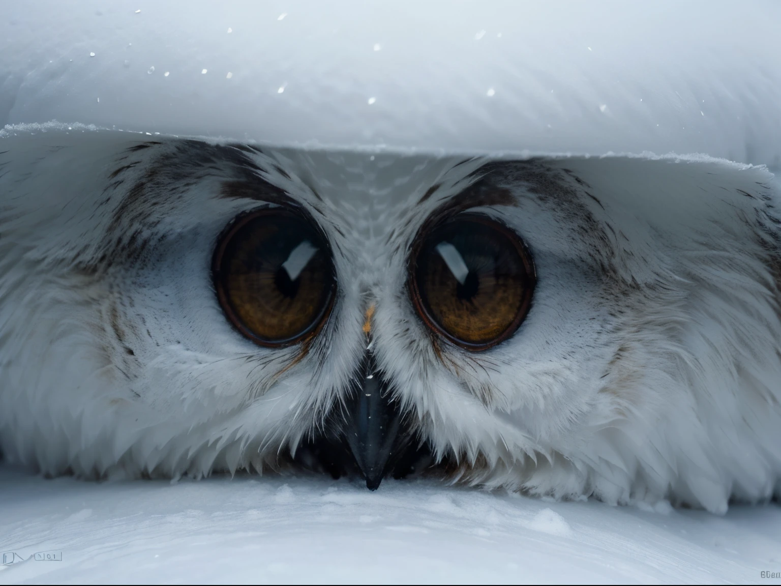 (best quality,8k ultra-detailed,cinematic shot,masterpiece:1.3,sharp focus:1.5,photorealistic:1.3), snow cold ambience, brown owl, snow on feathers, look sideway