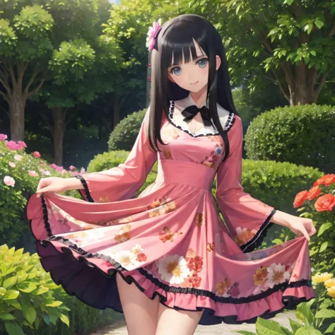 A dark-haired、Longhaire、 Floral dress、standing in the flower garden、Black Haired Beautiful Girl、A slight smil