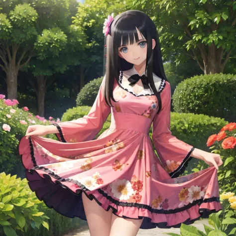 a dark-haired、longhaire、 floral dress、standing in the flower garden、black haired beautiful girl、a slight smil