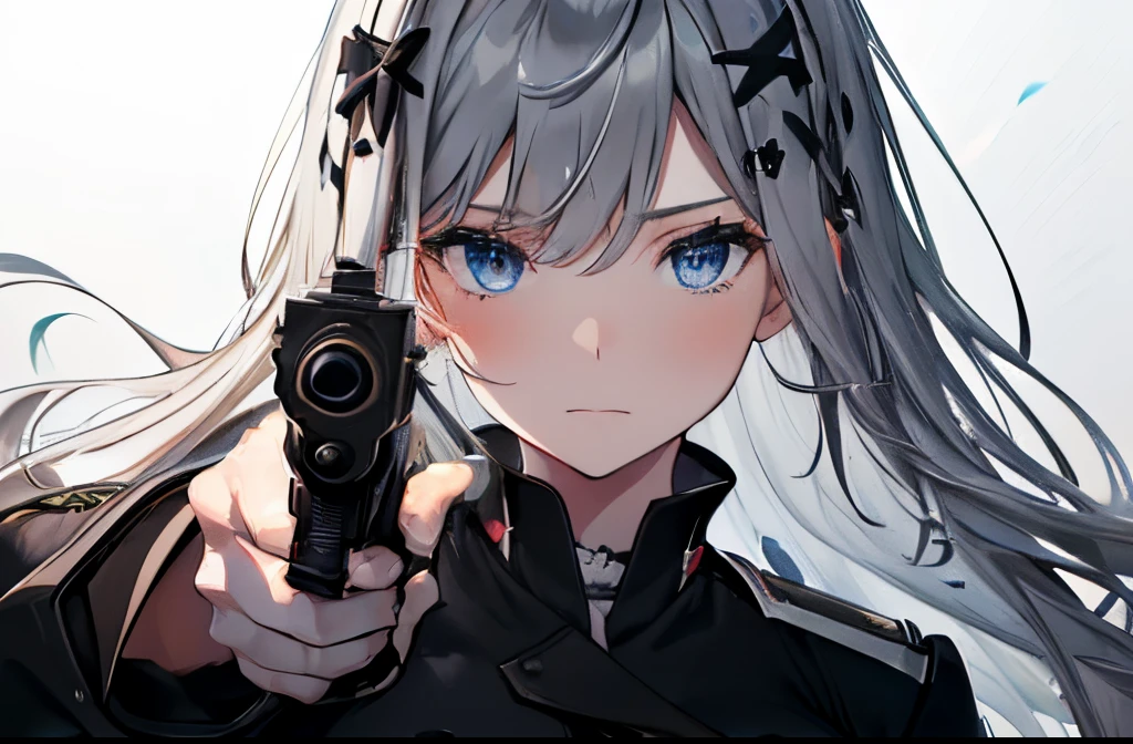 ⓪Action：gun action,gun aiming,
①Quality：(ultra-detailed:1.3), masterpiece, 8k, extremely detailed CG, (1 girl), Perfect hands:1.2), (Perfect Anatomy:1.2), (beautiful face: 1.1), Intricate Iris Details, Captivating Eye Reflections, Sparkling Highlights in the Eyes, Depth and Dimension in the Pupils, Subtle Color Variations in the Iris, Meticulous Eyelash Details,　Depth and Dimension in the Pupils, 
②Lighting：brightening light, moody lighting, nature lighting, Best Illumination, 
③ part: (big breasts: 1.4), shiny hair, floating hair, detailed face, detailed eyes, detailed skin, shiny hair,  
④Style: 
⑤Subject： (long hair:1.3), (black hair, hairclip, straight hair, blue eyes, ), 
⑥Environment：night city
⑦Construction：(Gray white background:1.5),
⑧Costume : (black military uniform: 1.3), Beautiful breasts, 
⑨Others：hand gun