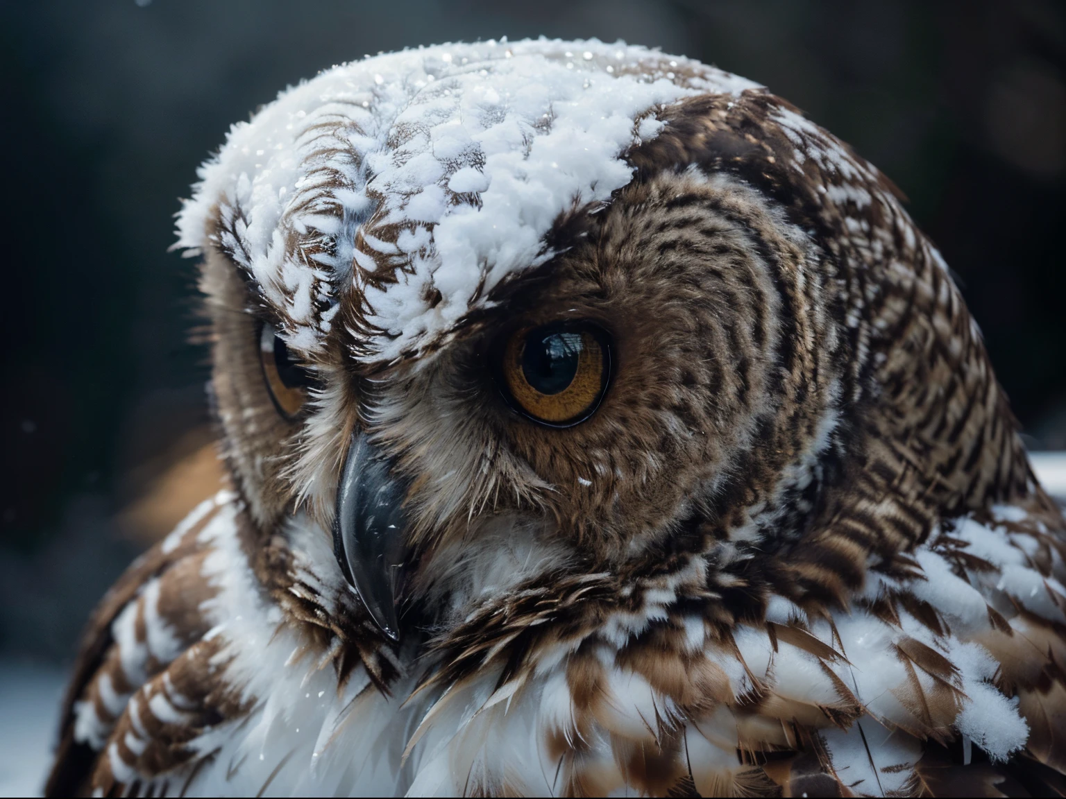 (best quality,8k ultra-detailed,cinematic shot,masterpiece:1.3,sharp focus:1.5,photorealistic:1.3), snow cold ambience, brown owl, snow on feathers, look sideway