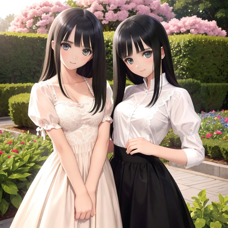 Highest image quality, excellent details, Ultra-high resolution, (Realism: 1.4), The best illustrations,  Highly condensed 1girl, delicate and beautiful face、A dark-haired、Longhaire、 white lace dress（Mini length）、standing in the flower garden、Black Haired Beautiful Girl、A slight smil、Age is 19 years old