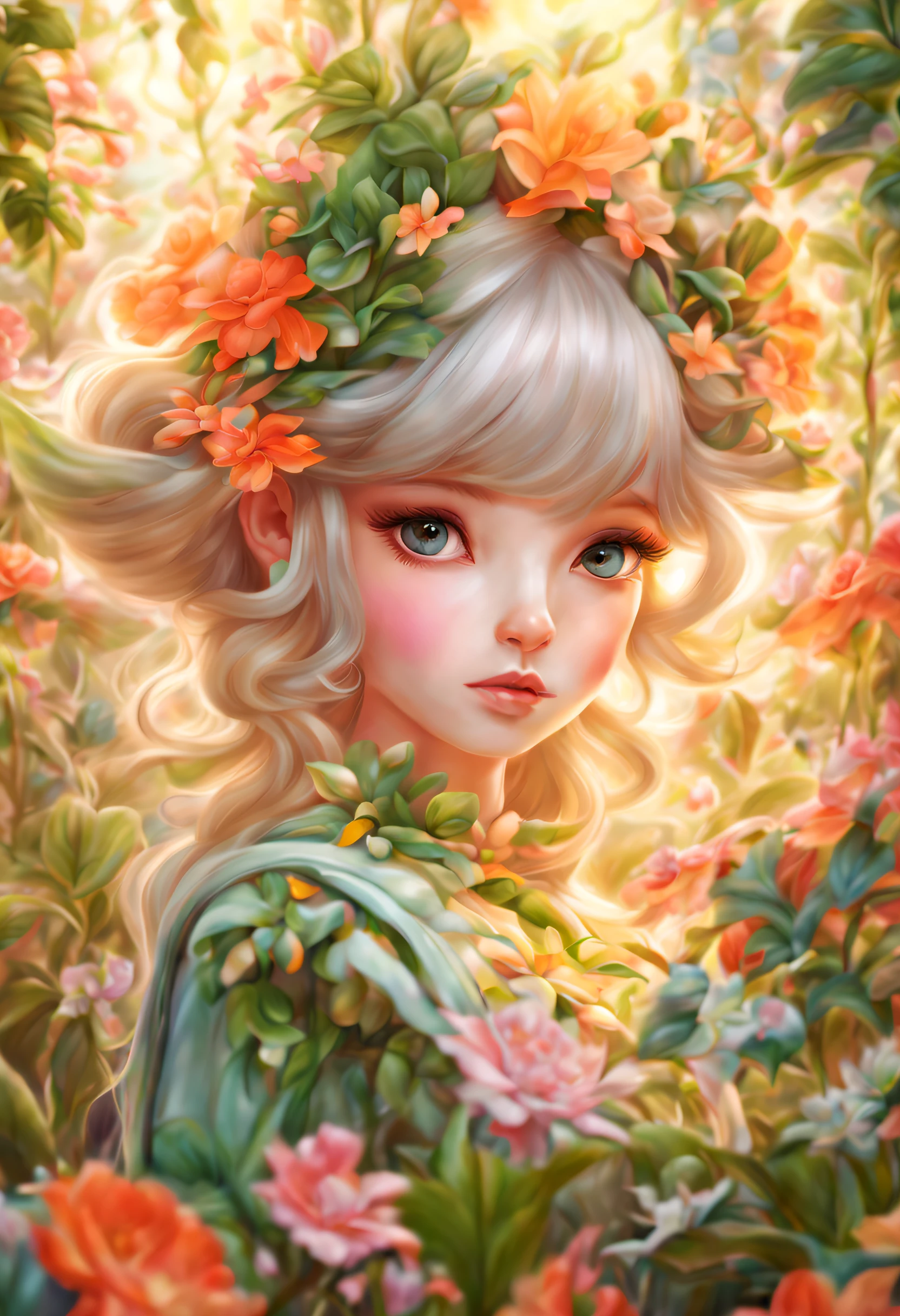 (girl-plant hybrid:1.42), a girl-plant hybrid standing in a blossoming garden, with beautiful detailed eyes, long eyelashes, and captivating gaze. The garden is lush and vibrant, with colorful flowers blooming all around. The artwork is rendered in a medium that combines digital painting and photography, creating a dreamlike and ethereal feel. The image quality is of the best quality, with ultra-detailed and realistic features. The artwork showcases a unique fusion of portrait and nature genres, with a soft and warm color palette.