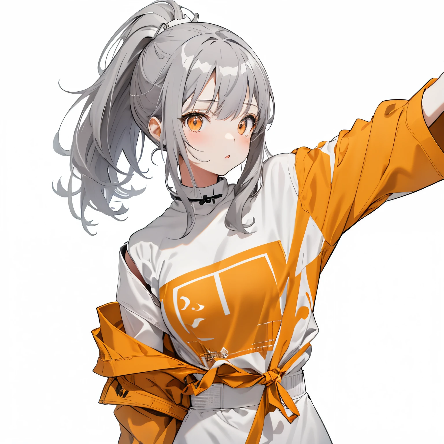 Anime girl with long gray hair and orange shirt pointing at something -  SeaArt AI