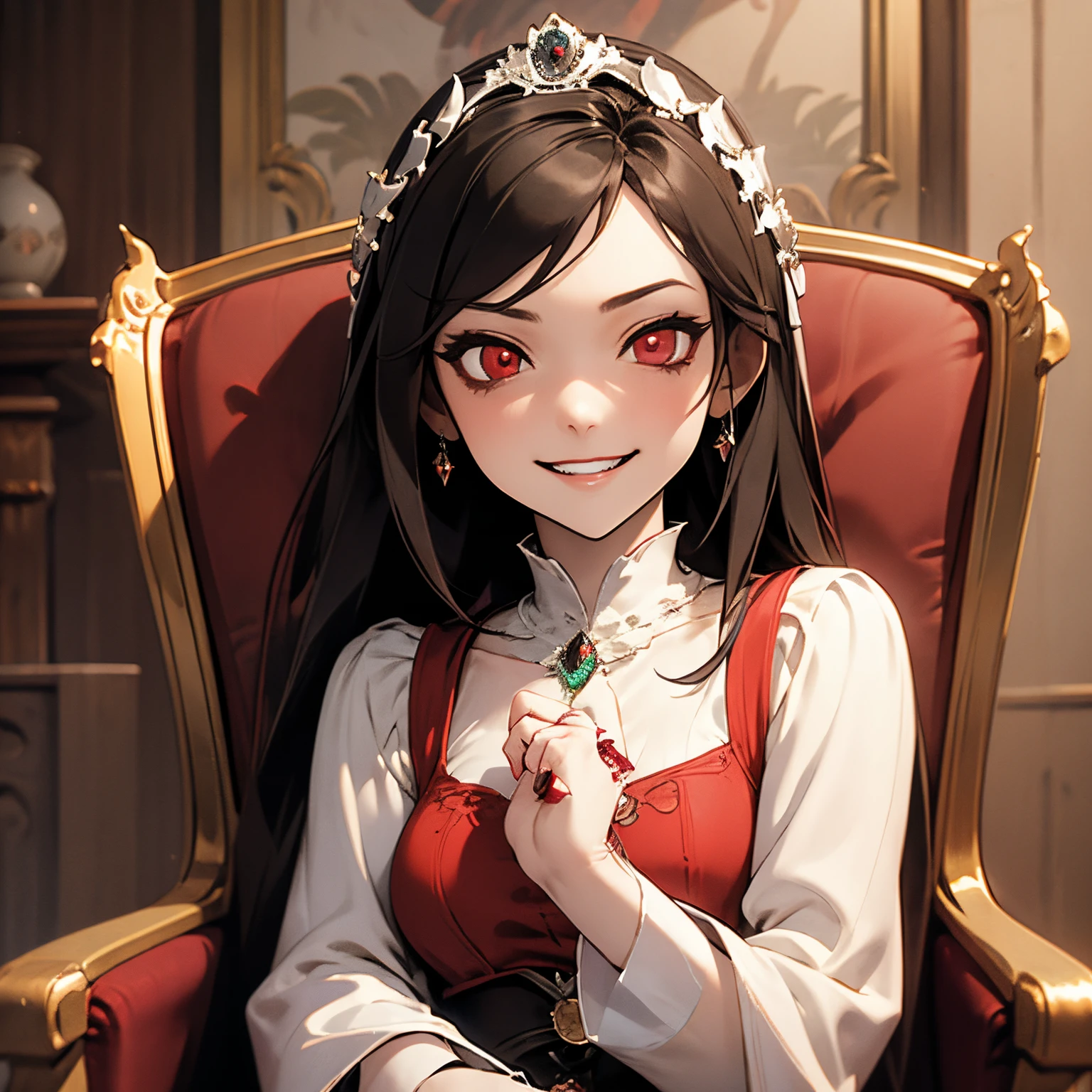 Perverted man Possessed Garnet, glowing red eyes, seductive grin, horror ambience, dark, wearing white royalty queens attire, sitting on a throne, seductively, menacing throne room,