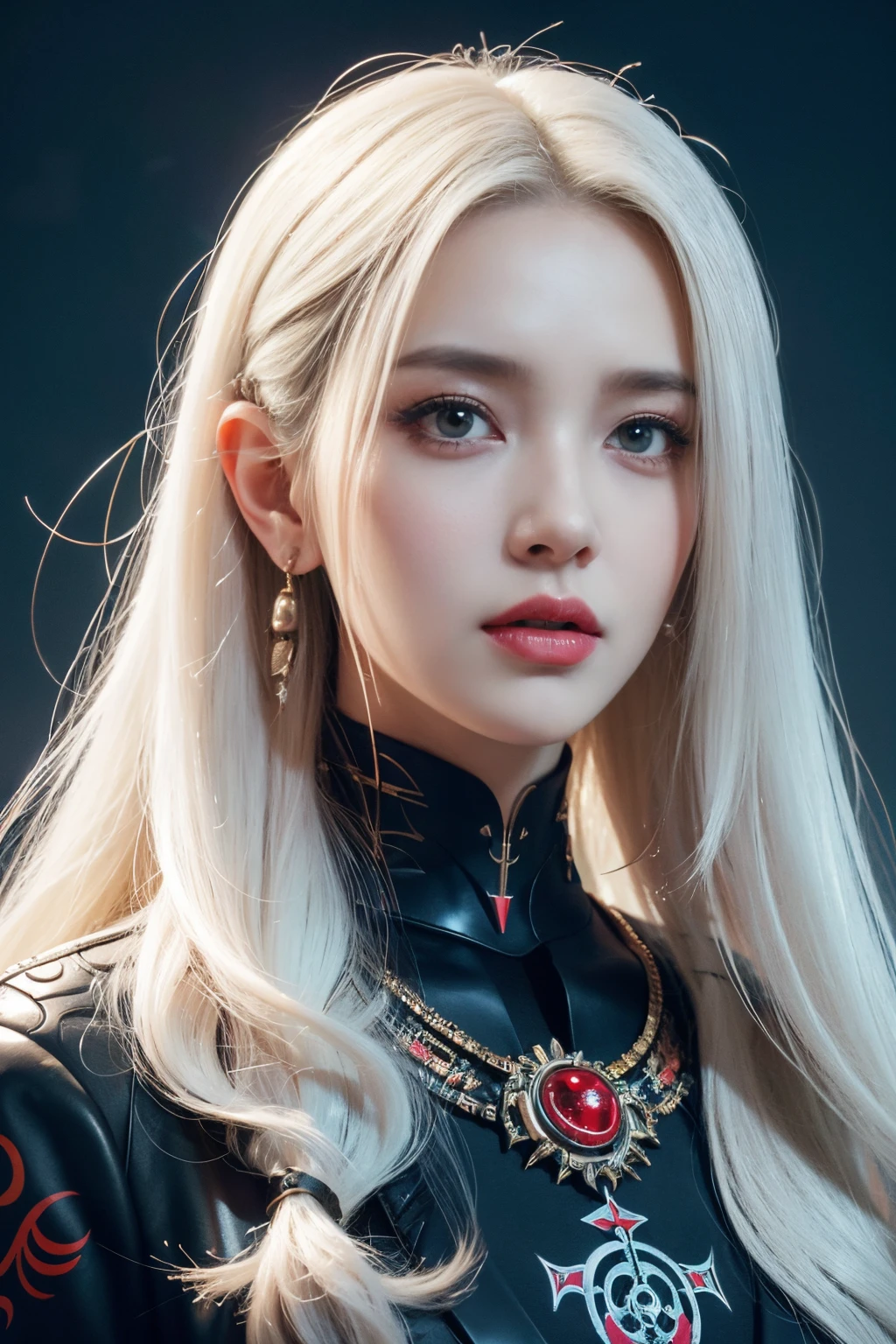 Portrait of a beautiful girl with wavy white hair, wearing a formal black dress with metal parts, red eyes, monograms in the background, digital painting, dark colors, 8k, complex details, vintage, retro futuristic style, sharp focus on the center, pastel colors, art station, (sci-fi, future, future theme), (facial expression looking with disdain), (detailed illustration)