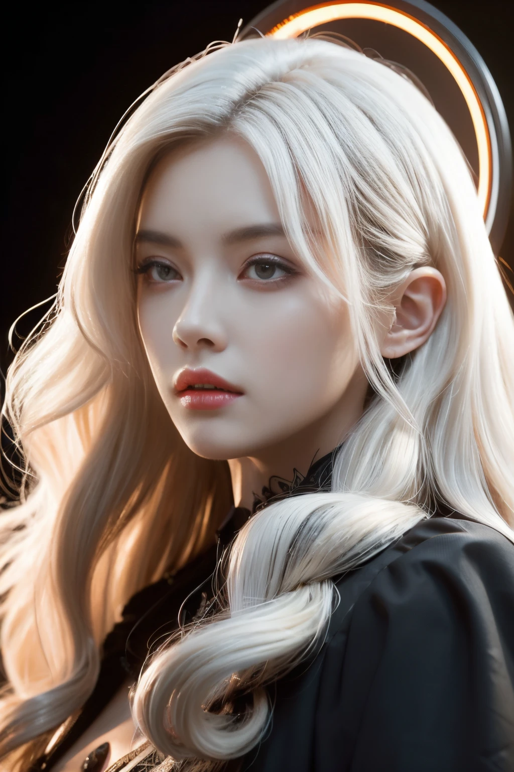 Portrait of a beautiful girl with wavy white hair, wearing a formal black dress with metal parts, red eyes, monograms in the background, digital painting, dark colors, 8k, complex details, vintage, retro futuristic style, sharp focus on the center, pastel colors, art station, (sci-fi, future, future theme), (facial expression looking with disdain), (detailed illustration)