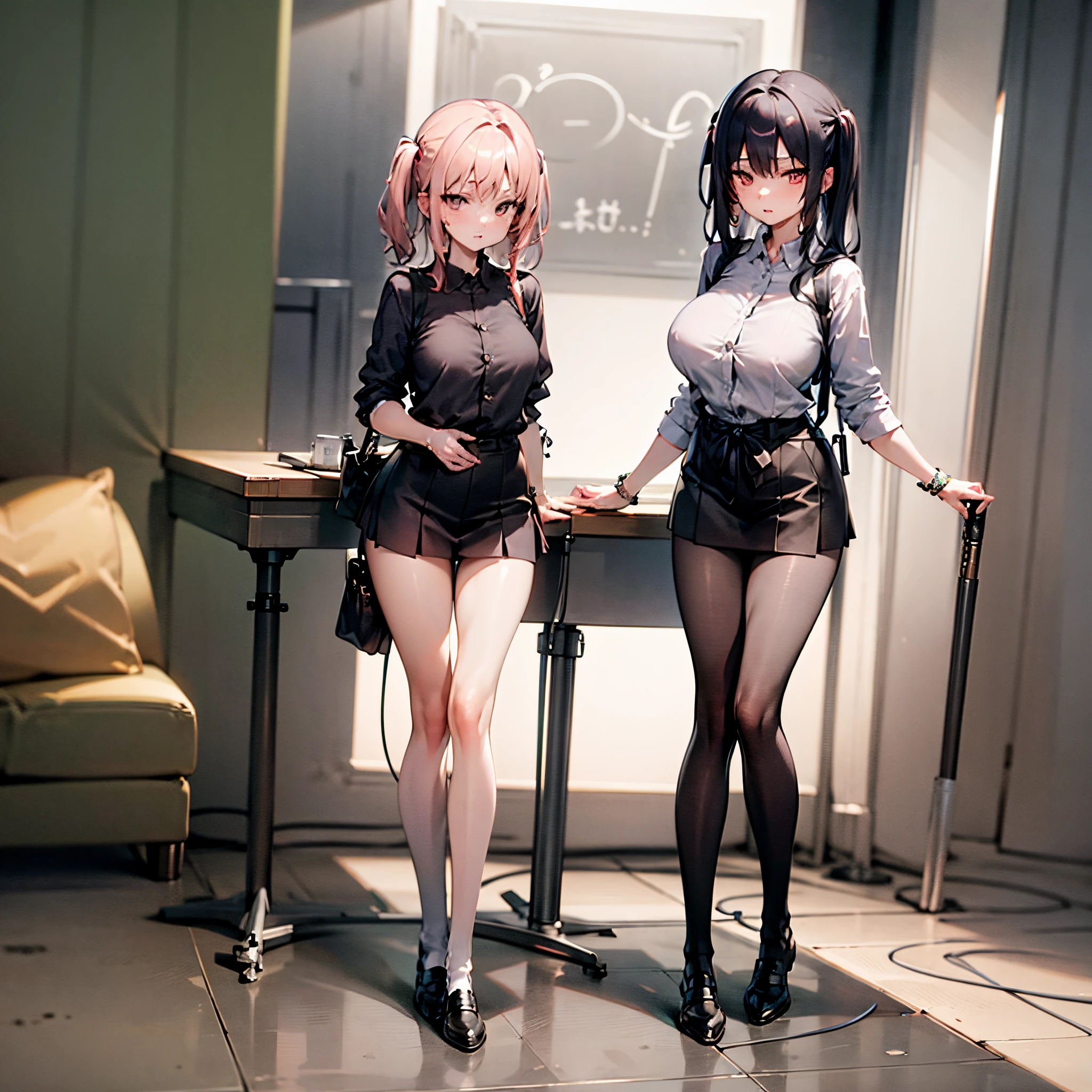 Two women in short skirts and black stockings standing next to a table -  SeaArt AI