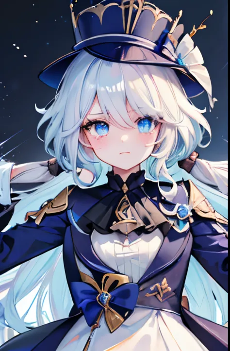 1girl, furina \(genshin impact\), heterochromia, top hat, blue jacket, short shorts, thigh strap, waist cape, looking at viewer, glaring, blush, tears, lying, bed sheet, hands up,(worst quality:1.4, low quality:1.4), (bad anatomy), (inaccurate limb:1.2),ba...