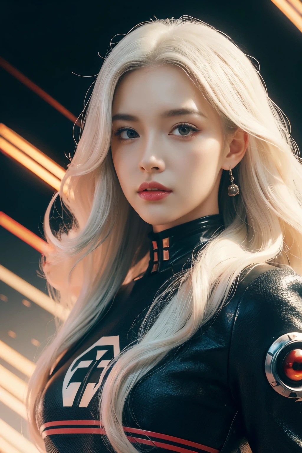 Portrait of a beautiful girl with wavy white hair, wearing a formal black dress with metal parts, red eyes, monograms in the background, digital painting, dark colors, 8k, complex details, vintage, retro futuristic style, sharp focus on the center, pastel colors, art station, (sci-fi, future, future theme), (facial expression looking with disdain), (detailed illustration)