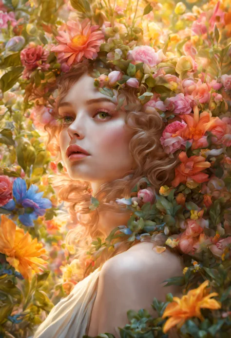 best quality,highres,masterpiece:1.2,ultra-detailed,realistic,photorealistic:1.37,girl made of flowers and plants,beautiful deta...