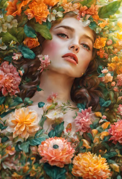 best quality,highres,masterpiece:1.2,ultra-detailed,realistic,photorealistic:1.37,girl made of flowers and plants,beautiful deta...