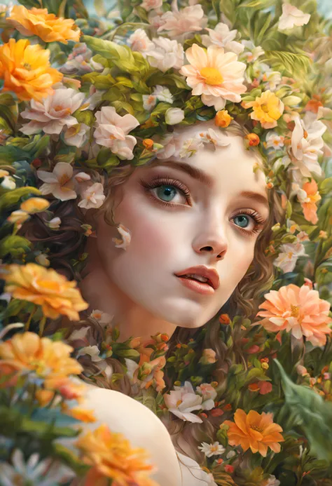 best quality,highres,masterpiece:1.2,ultra-detailed,realistic,photorealistic:1.37,girl made of flowers and plants,beautiful deta...