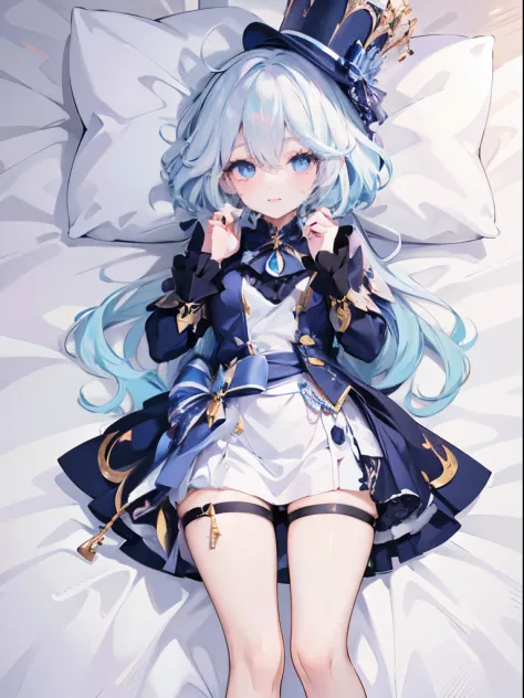 Anime character wearing hat and blue skirt lying on bed, Cute anime waifu wearing beautiful clothes, best anime 4k konachan wallpapers, Popular topics on artstation pixiv, Detailed key animation art, Anime style 4k, white-haired god, Anime art wallpaper 8 ...