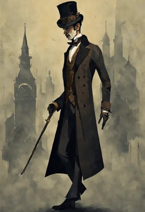 Tall, thin gentleman, Victorian steampunk, top hat, long coat, detailed background, dark and smog street, low poly, palette knif...