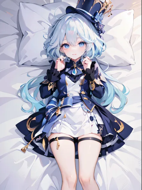 Anime character wearing hat and blue skirt lying on bed, Cute anime waifu wearing nice clothes, best anime 4k konachan wallpapers, Popular topics on artstation pixiv, Detailed key animation art, Anime style 4k, white-haired god, Anime art wallpaper 8 K, th...