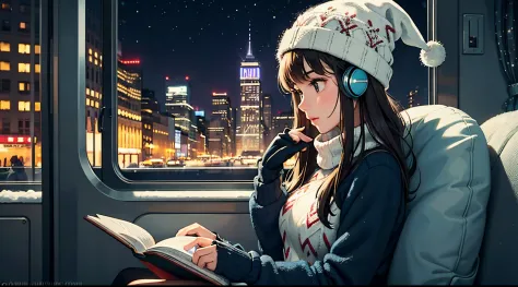 lofi relaxed one brunette girl with headphones drives inside bus, reads book. in window winter night. snow in city. snowstorm. b...