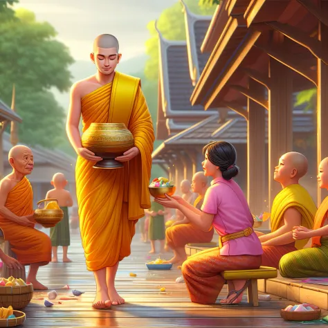 buddhist monks are sitting on benches and eating food, tithi luadthong, thailand art, by John La Gatta, buddhism, buddhist, budd...