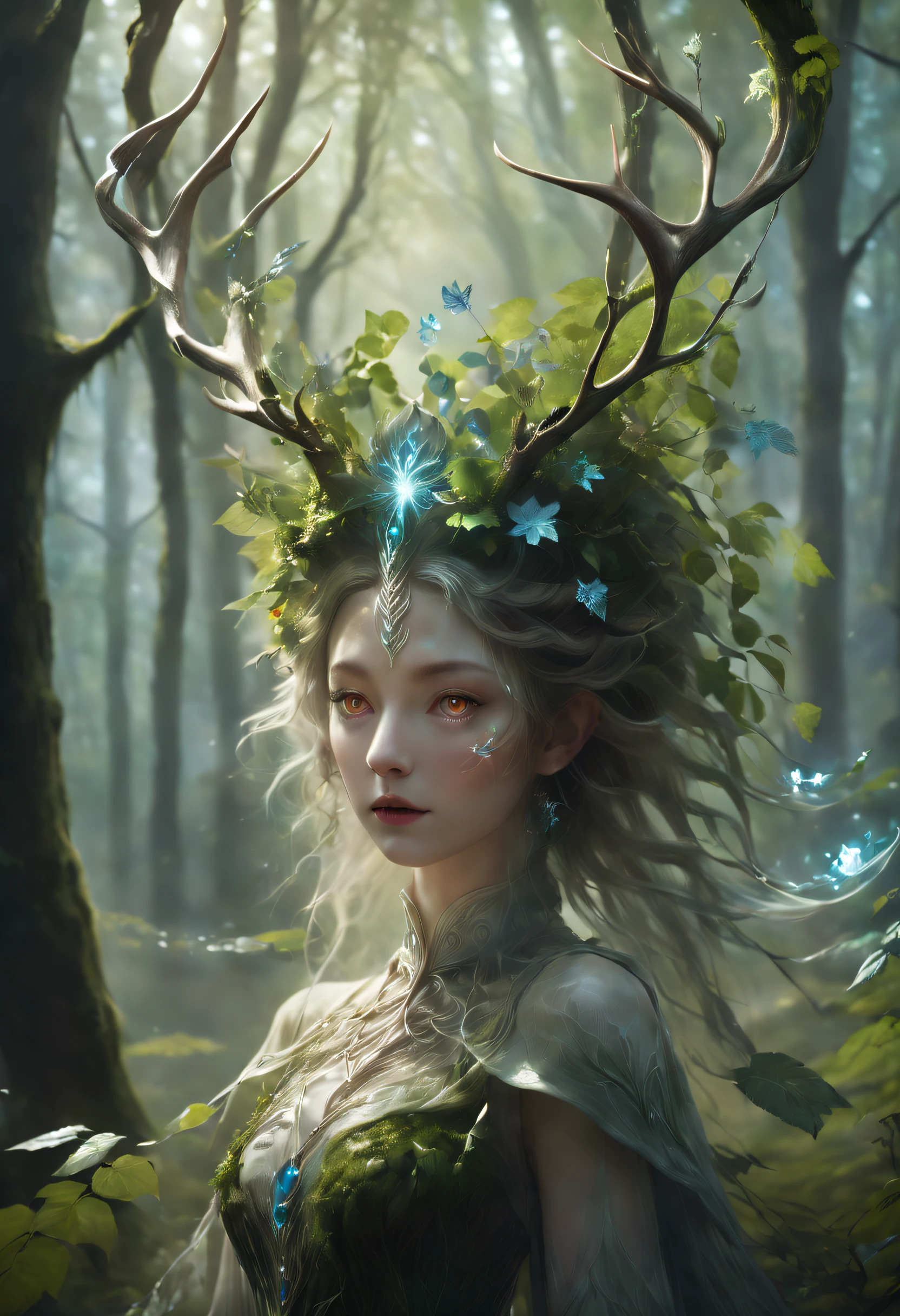 신비로운 숲에서, 소녀로서 놀라운 광경이 펼쳐진다, 겉으로 보기엔 숲속의 식물들로부터 만들어진 것 같아, 푸르른 나뭇잎 사이에 서서, 그녀의 형태는 섬세하게 장식되어 있습니다, 덩굴과 나뭇잎이 얽혀있다, 그리고 한 쌍의 천상의 뿔이 그녀의 머리를 장식하고 있습니다, 숲의 정령을 불러일으키는