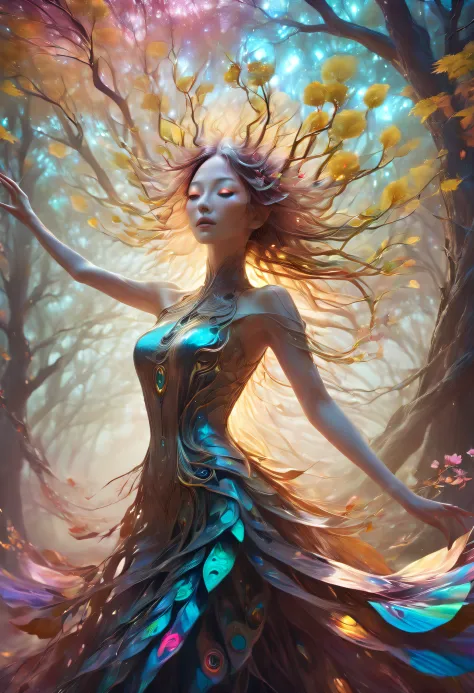 A high resolution, Psychedelic style tree woman, vivd colour, glowing light eyes, flowing branches, Ethereal atmosphere, surreal...