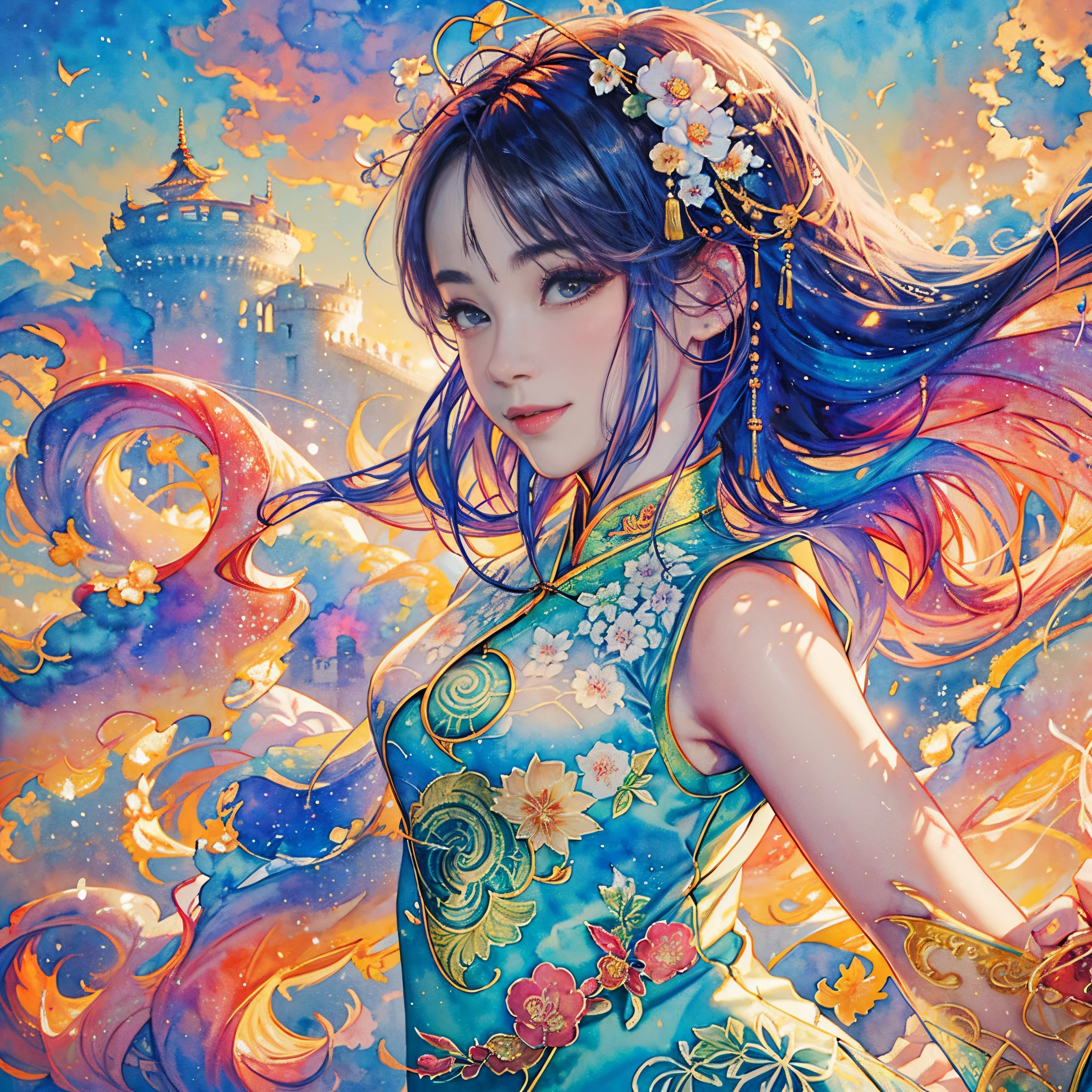 8K,​masterpiece,top-quality ,Dynamic Pose,Castles in China,Beautiful woman at 30 years old,Portrait, light, Long hair, ssmile, watercolor paiting \(Medium\),watercolor paiting,(Cheongsam that adheres to the body:1.3)